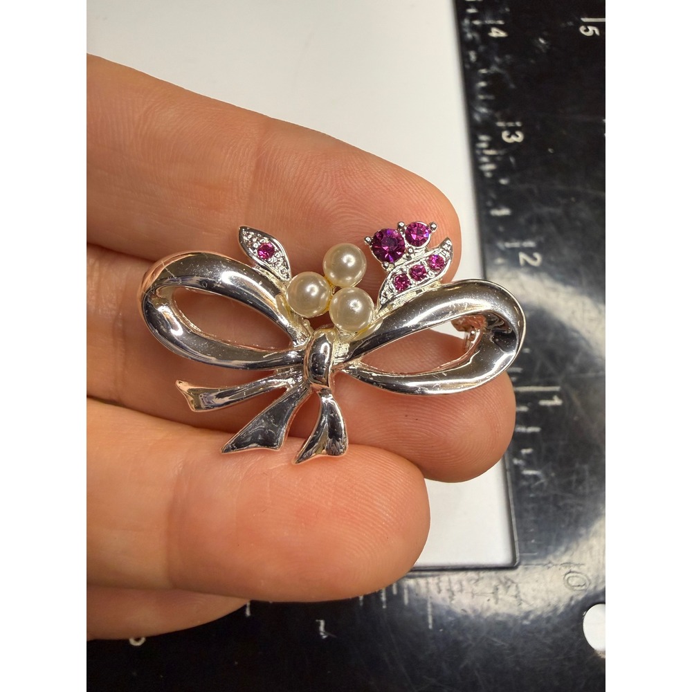 Silver Tone Bow Brooch Pink Rhinestone Faux Pearl Ribbon Pin Accessory